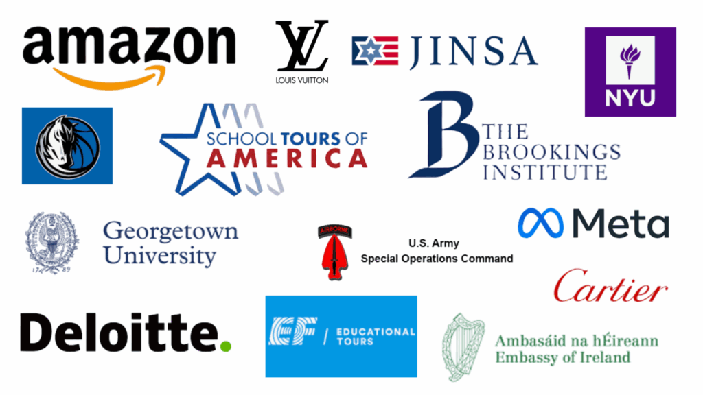Organizations that have booked DC by Foot tours including corporations, universities, and government groups