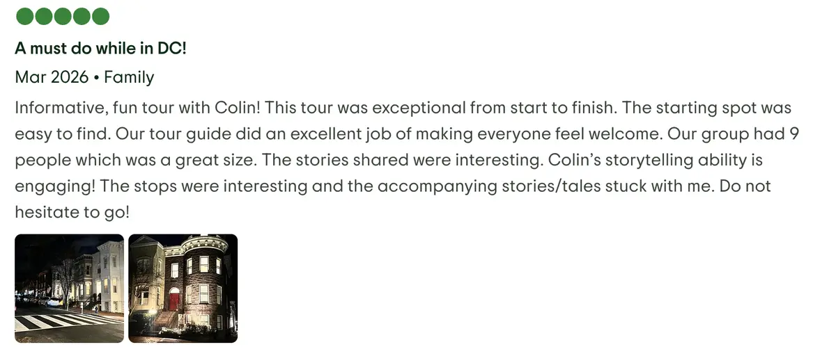 nformative, fun tour with Colin! This tour was exceptional from start to finish. The starting spot was easy to find. Our tour guide did an excellent job of making everyone feel welcome. Our group had 9 people which was a great size. The stories shared were interesting. Colin’s storytelling ability is engaging! The stops were interesting and the accompanying stories/tales stuck with me. Do not hesitate to go!